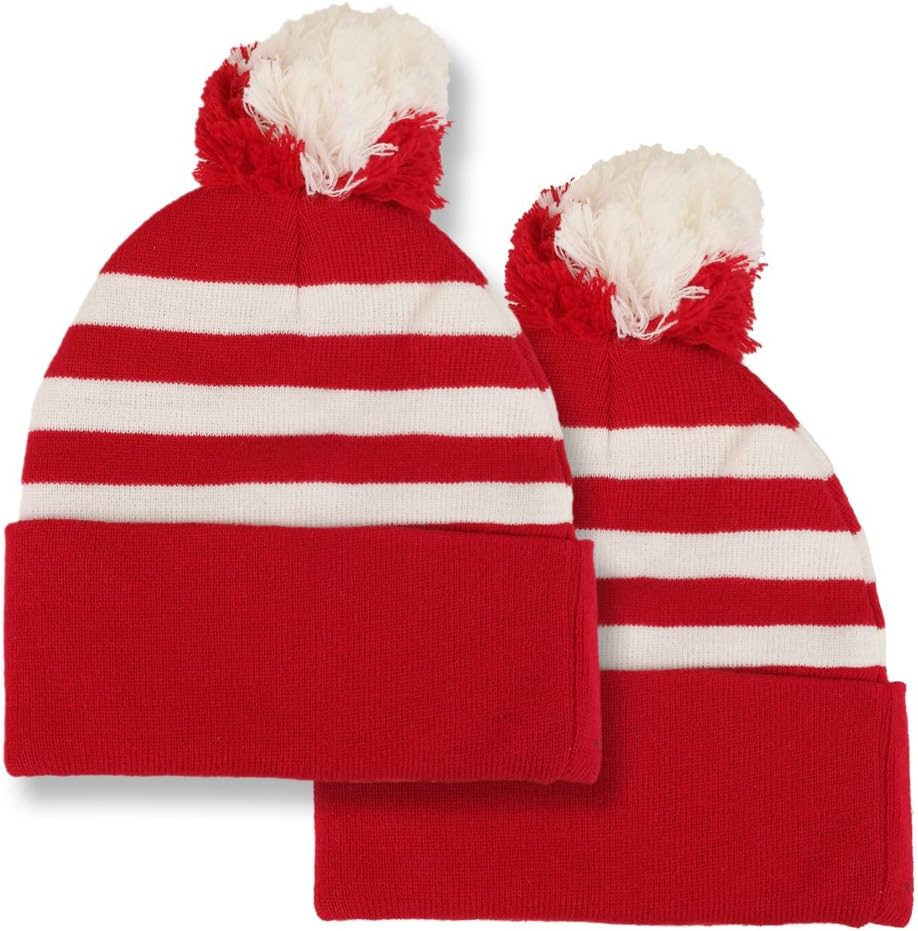 Armycrew Red White Striped Pom Pom Cuff Beanie Hat