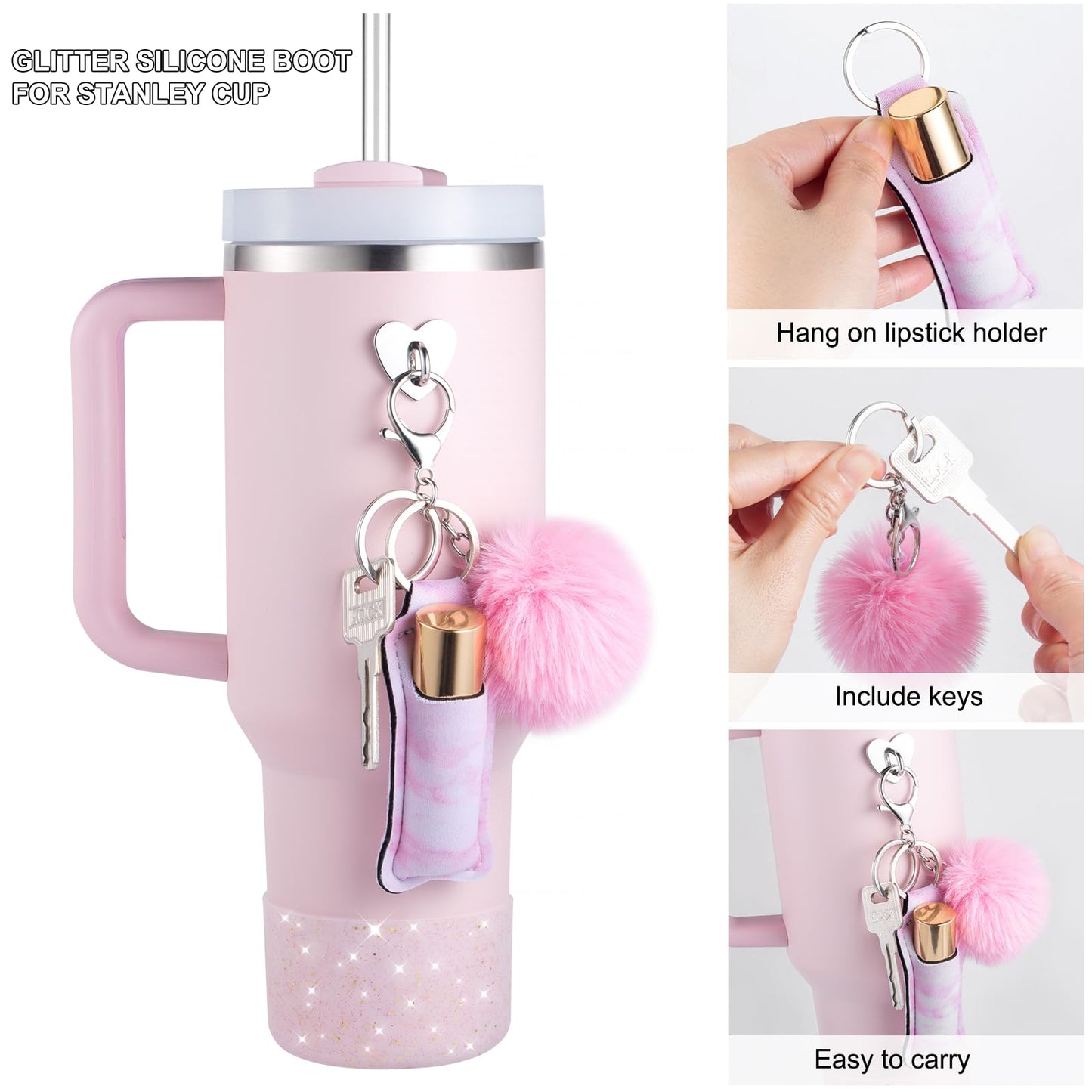 FXTBE Silicone Boot for Stanley Cup 40 OZ, Glitter Boots for Stanley Quencher 30 20 OZ, Bottom Cover for Hydroflask 40-12 OZ, Pom Keychain, Lipsticker Holder for Stanley Cup Accessories