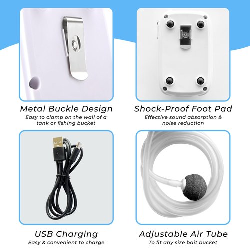 Hydro Charge | Aerator for Bait Bucket | Water Resistant, USB Rechargeable, 2W, 2200 mAh Battery Capacity, 24h Runtime per Charge, 48h on Battery Saving Mode | Minnow Bucket Aerator | Bait Bubbler