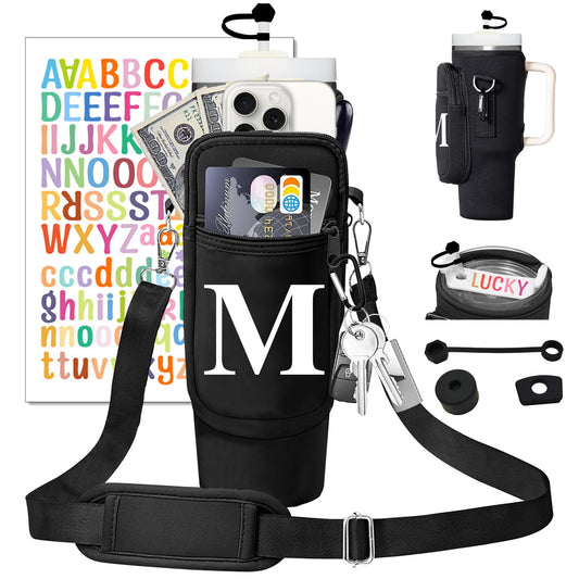 Adoryoung Stanley Cup Holder with Strap, 40 oz Stanley Cup Bag Carrier for Tumbler, Water Bottle Carrier Holder Sling Bag with Phone Pocket, Adjustable Strap& Straw Cover, Stanley Cup Accessories (M)