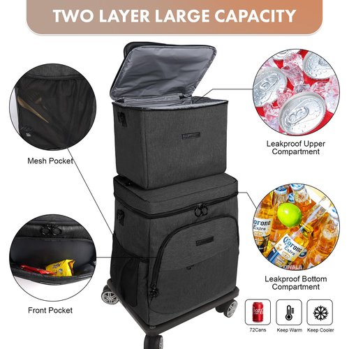 Cooler Bag Wheeled Double，Large Removable Insulated Rolling Cooler Collapsible Leakproof Portable Ice Packs for Camping Picnic Beach Travel（Black）