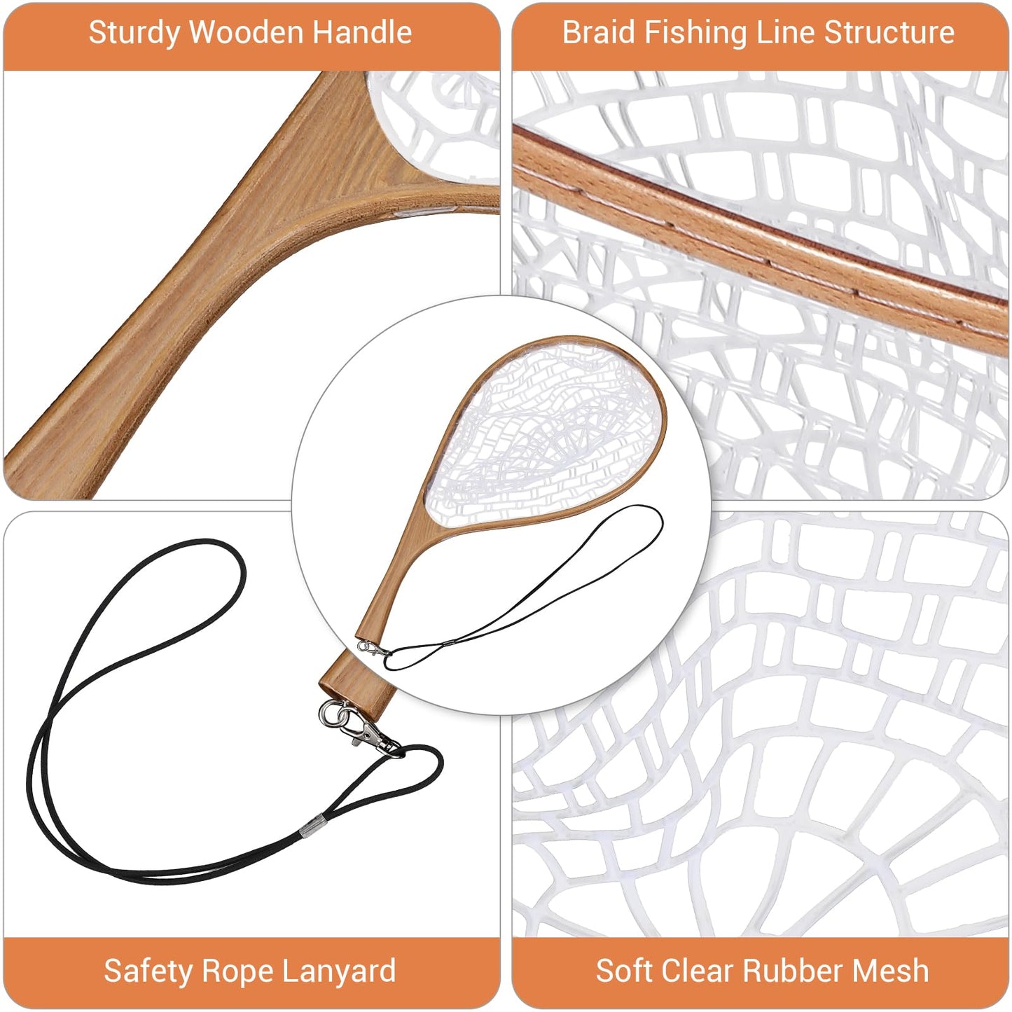 GarveeLife Fly Fishing Net - Trout & Bass Catch & Release Net with Safety Rope Lanyard & Soft Rubber Mesh