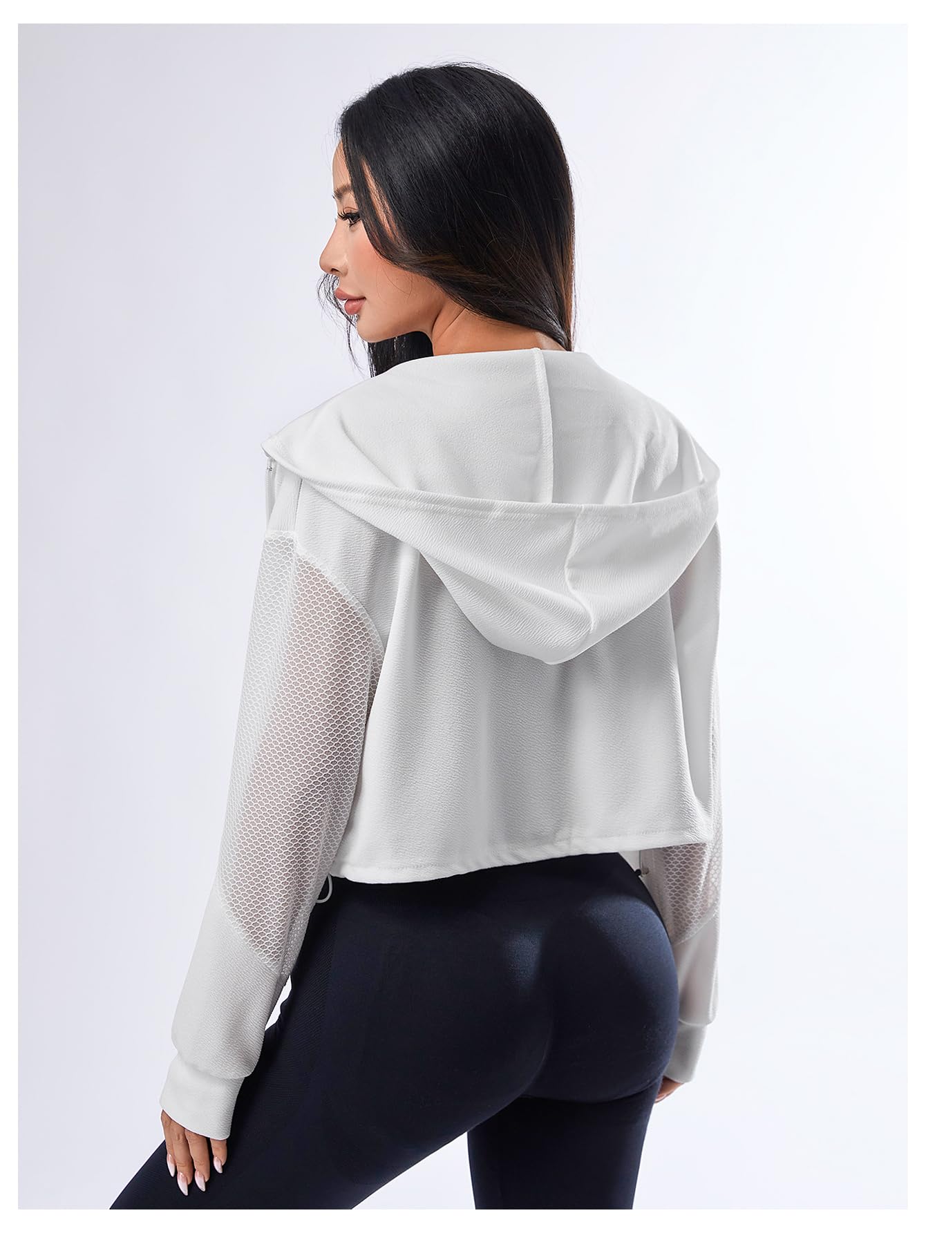 SweatyRocks Women's Zip Up Drawstring Hem Cropped Hoodie Mesh Workout Sports Track Lightweight Jacket Pure White M