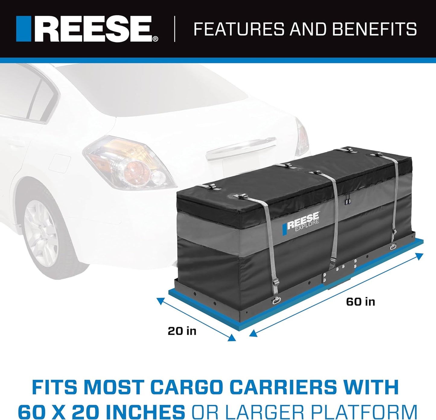 Reese Explore 63604 Amigo Hitch Mount Cargo Carrier Bag, 59 Inch x 18.5 Inch x 24 Inch, Rainproof, Fit On A Most Full-Size Hitch Mounted Cargo Carriers.
