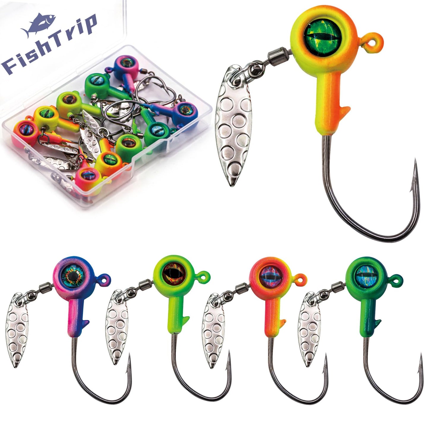 FishTrip Jig Heads Hooks with Spinner - 10Pcs Underspin Crappie Fishing Jighead with Willow Blade for Saltwater Freshwater 1/16oz,1/8oz,3/16oz,1/4oz