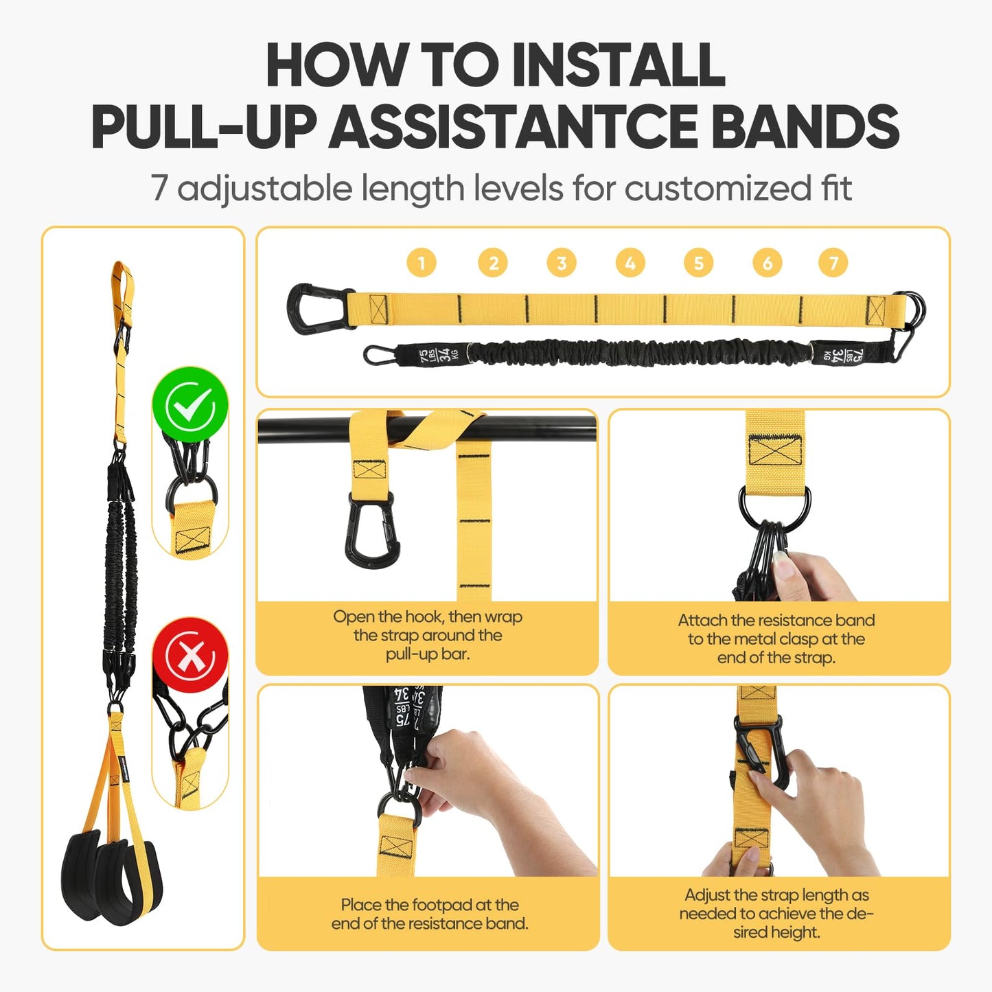 Adjustable Pull Up Assistance Bands with Fabric Feet Mats for Strength Training, Pull-Up Bar Workouts, and Resistance Training