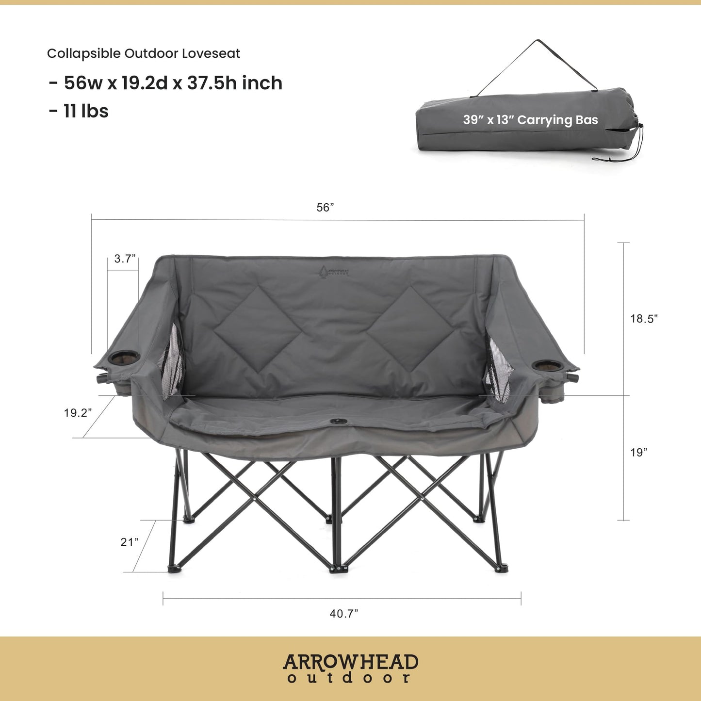 ARROWHEAD OUTDOOR Portable Folding Double Duo Camping Chair Loveseat w/ 2 Cup & Wine Glass Holder, Heavy-Duty Carrying Bag, Padded Seats & Armrests, Supports up to 500lbs, USA-Based Support