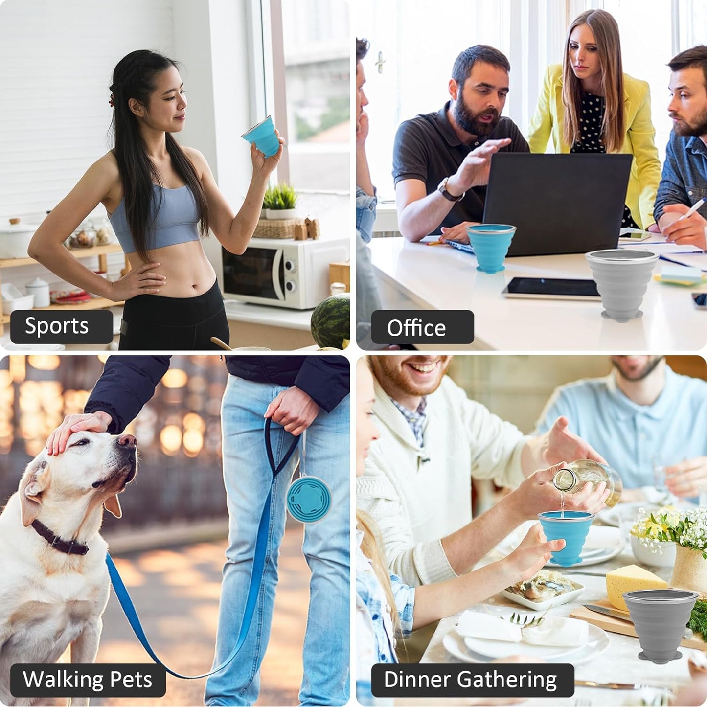 JBER Silicone Collapsible Travel Cup, 4 Pack Silicone Folding Camping Cup with Lids Expandable Drinking Cup Set BPA Free Reusable Portable Graduated for Outdoor Hiking Travel