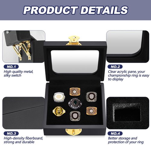Equsion Championship Ring Display Case Flat Black Ring Display Case Box for Multiple Rings for Single Replica Baseball Softball Football Sports Souvenirs Ring Storage Organizer Wooden Box(7 Slots)