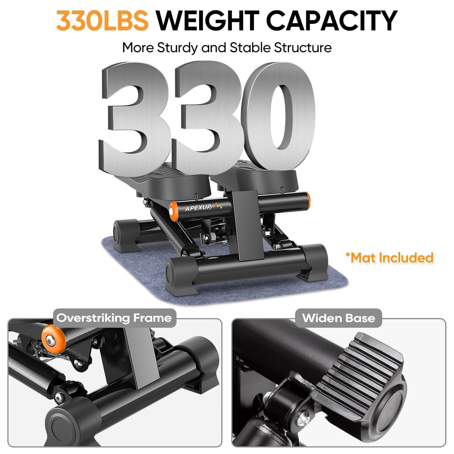 APEXUP Steppers for Exercise at Home, Stair Stepper with Resistance Bands and Mat, 330LBS Loading Capacity Mini Stepper with LCD Monitor for Full Body Workout Cardio