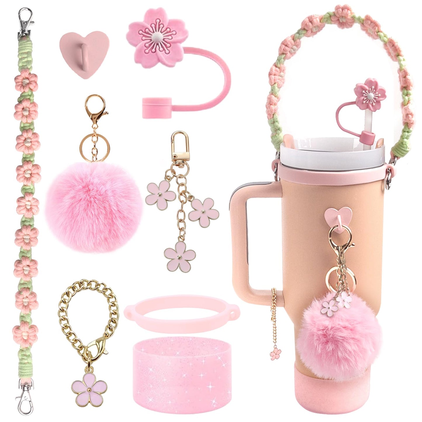 HONOARY Stanley Cup Accessories Set,Compatible with Stanley Cup 40oz & 30oz Tumbler,Including Silicone Stanley Cup Boot,Water Bottle Handle Strap,Straw Cover Cap,Charms for Stanley Cup