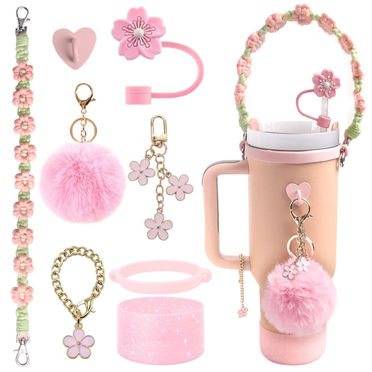 HONOARY Stanley Cup Accessories Set,Compatible with Stanley Cup 40oz & 30oz Tumbler,Including Silicone Stanley Cup Boot,Water Bottle Handle Strap,Straw Cover Cap,Charms for Stanley Cup