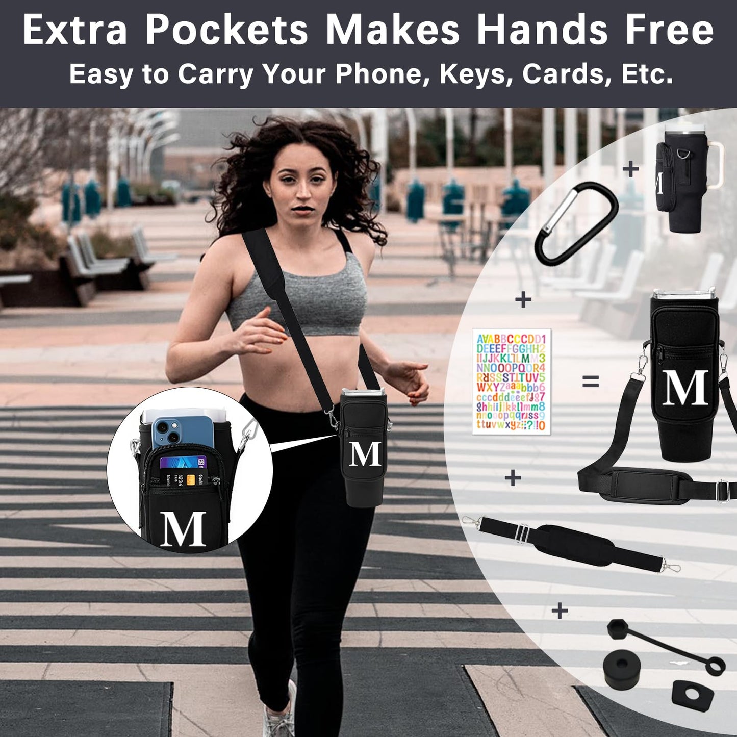 Adoryoung Stanley Cup Holder with Strap, 40 oz Stanley Cup Bag Carrier for Tumbler, Water Bottle Carrier Holder Sling Bag with Phone Pocket, Adjustable Strap& Straw Cover, Stanley Cup Accessories (M)