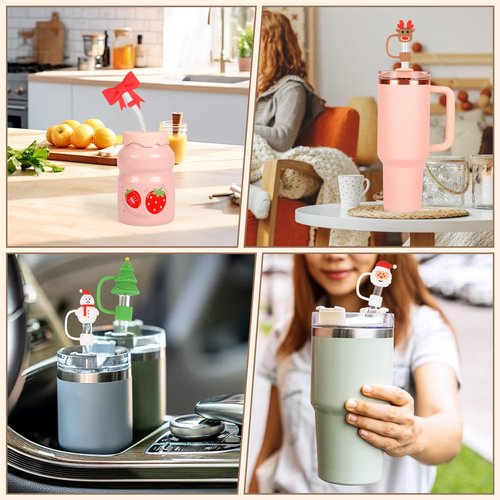 Silicone Straw Cover Cap Compatible with Stanley Cups 30 40 oz Toppers for Tumblers Reusable Dust Proof Straw Cover for 10mm Accessories (6pcs-Christmas)