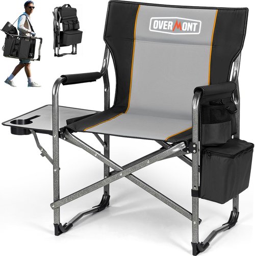 Overmont Oversized Lightweight Camping Chair - Heavy Duty Foldable Directors Chairs with Side Table & Cooler Bag for Outside Camp Beach Picnic Lawn and Fishing Supports 400lbs (BlackGrey)