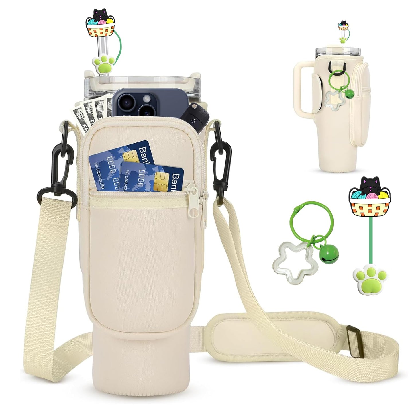 FYD Water Bottle Carrier Bag for Stanley 40oz Tumbler with Phone Pocket Neoprene Water Bottle Holder Pouch with Adjustable Strap, Straw Cover & Keychain for Stanley Cup Accessories (Beige)