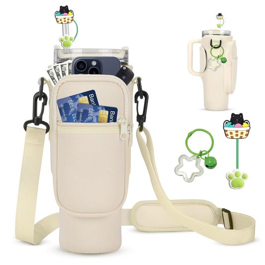 FYD Water Bottle Carrier Bag for Stanley 40oz Tumbler with Phone Pocket Neoprene Water Bottle Holder Pouch with Adjustable Strap, Straw Cover & Keychain for Stanley Cup Accessories (Beige)