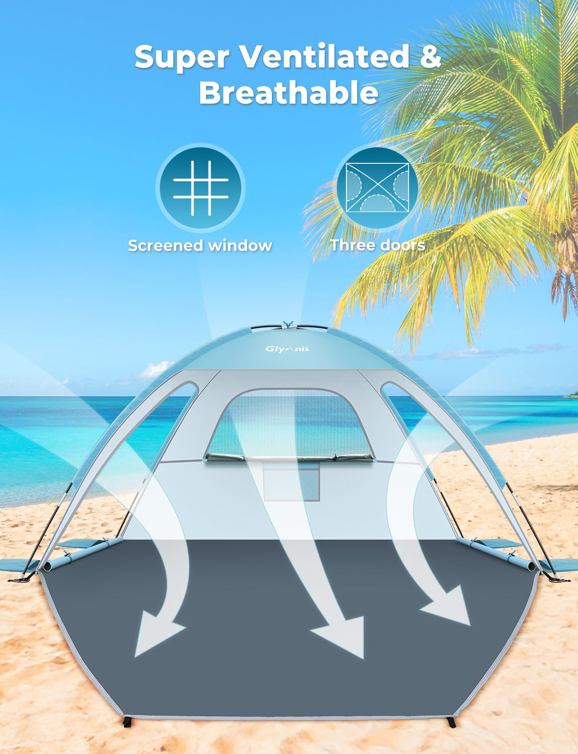 Glymnis Beach Tent Sun Shelter for 3 Person with UPF 50+ UV Protection, Lightweight & Easy Setup Beach Shade Canopy with Vent Windows & Zippered Door