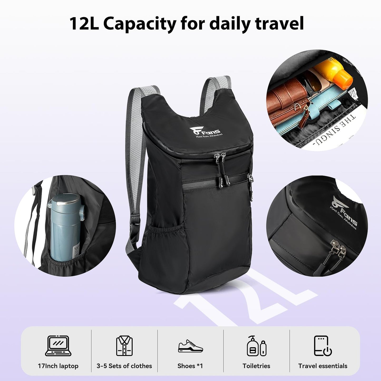 8 Fans 12L/20L Hiking Backpack, Waterproof Packable Travel Daypack-Lightweight Back Pack Outdoor Foldable Rucksack (12L)