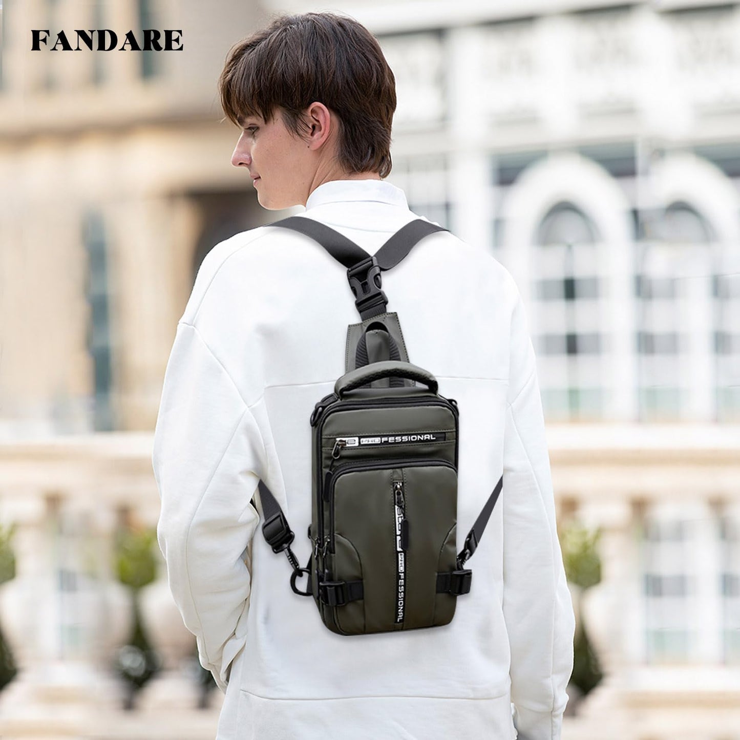 FANDARE Men Sling Crossbody Backpack Crossbody bag for Men One Strap Motorcycle Chest Bag Cover Pack for Hiking Cycling Travel Outdoor Sport Small Casual Backpack with USB Charger Port Nylon Green