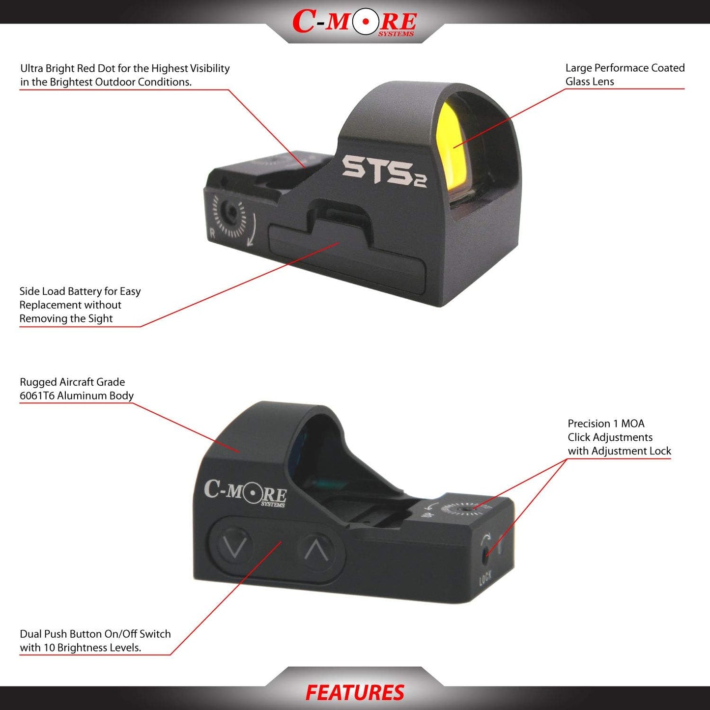 Micro Red Dot Sight STS2B by C-MORE Systems - 1x Magnification, Waterproof, Lightweight, Ultra Bright