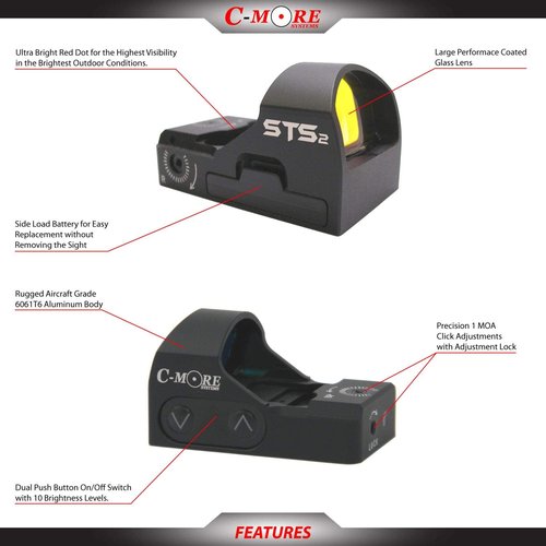 C-MORE Systems Micro Red Dot Sight STS2B, 1x Magnification, Made of Aircraft Grade Aluminum, Adjusts for Wind & Elevation, Ultra Bright, All Weather, Waterproof, Lightweight, Matte Black