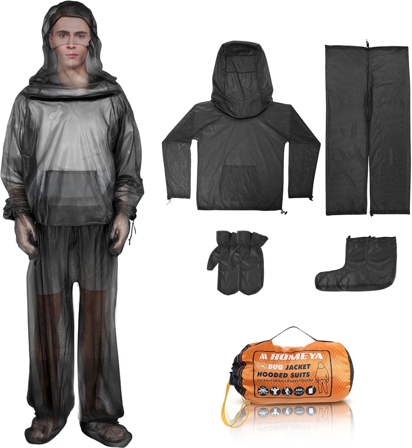 HOMEYA Bug Jacket L/XL, Anti Mosquito Netting Suit with Zipper on Hood Ultra-fine Mesh Pants Mitt Socks with Free Carry Pouch for Protecting Hunting Fishing Men Women
