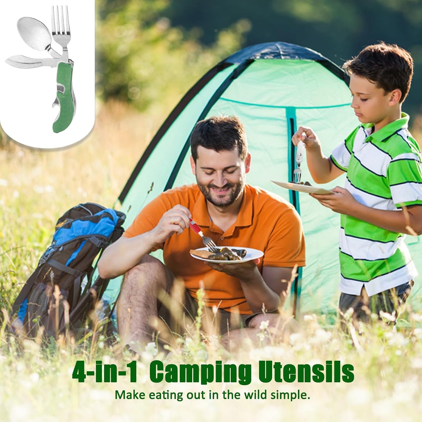 7-in-1 Camping Utensils - Portable Stainless Steel Camping Fork Spoon Knife Set for Hiking, Picnics Outdoor Enthusiasts, and Travel - Essential Survival Utensil Tool Kit