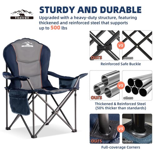 Tisetrail Oversized Camping Chair Folding Chair with Cooler Padded Outdoor Chairs Heavy Duty Support 500 LBS Steel Frame Collapsible Arm Chair with Cup Holder Blue & Gray