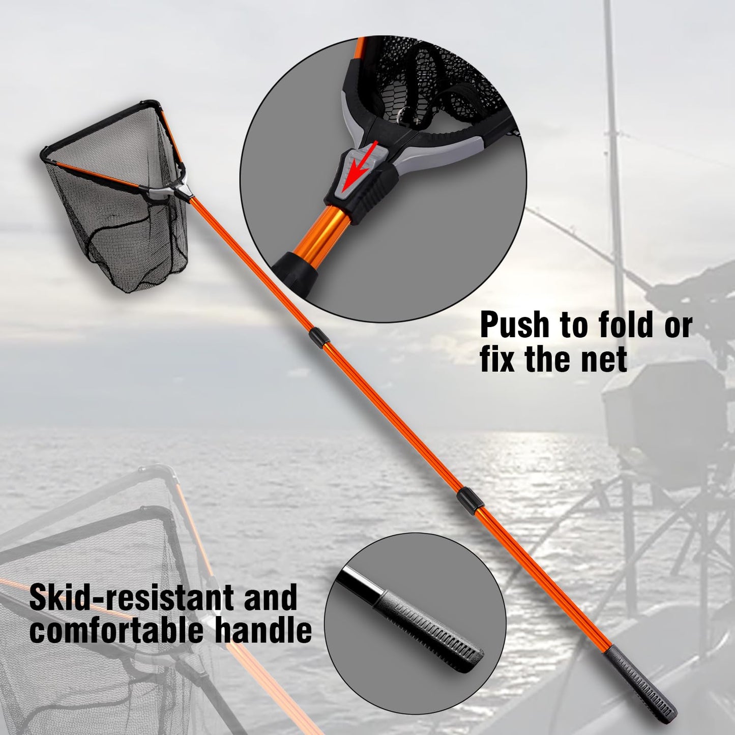 Fiblink Folding Aluminum Fishing Landing Net Fish Net with Extending Telescoping Pole Handle (Orange-Extend Length: 59-118 inches)