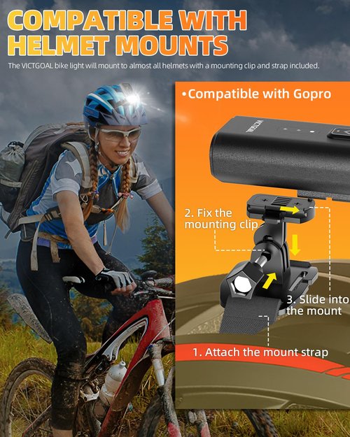 VICTGOAL Bike Helmet Light 1500 Lumens Rechargeable Front Bike Headlight, 13 Modes Super Bright Helmet Light with High Beam & Low Beam Bicycle Helmet Light for Night Riding (Black)