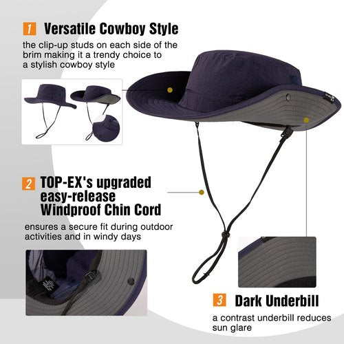 TOP-EX Men's Waterproof Bucket Sun Hat with Wide Brim, Summer Boonie Shade Cap for Outdoor Hiking, Fishing, Beach, Safari - UV Protection SPF Sunhat, Navy M/L