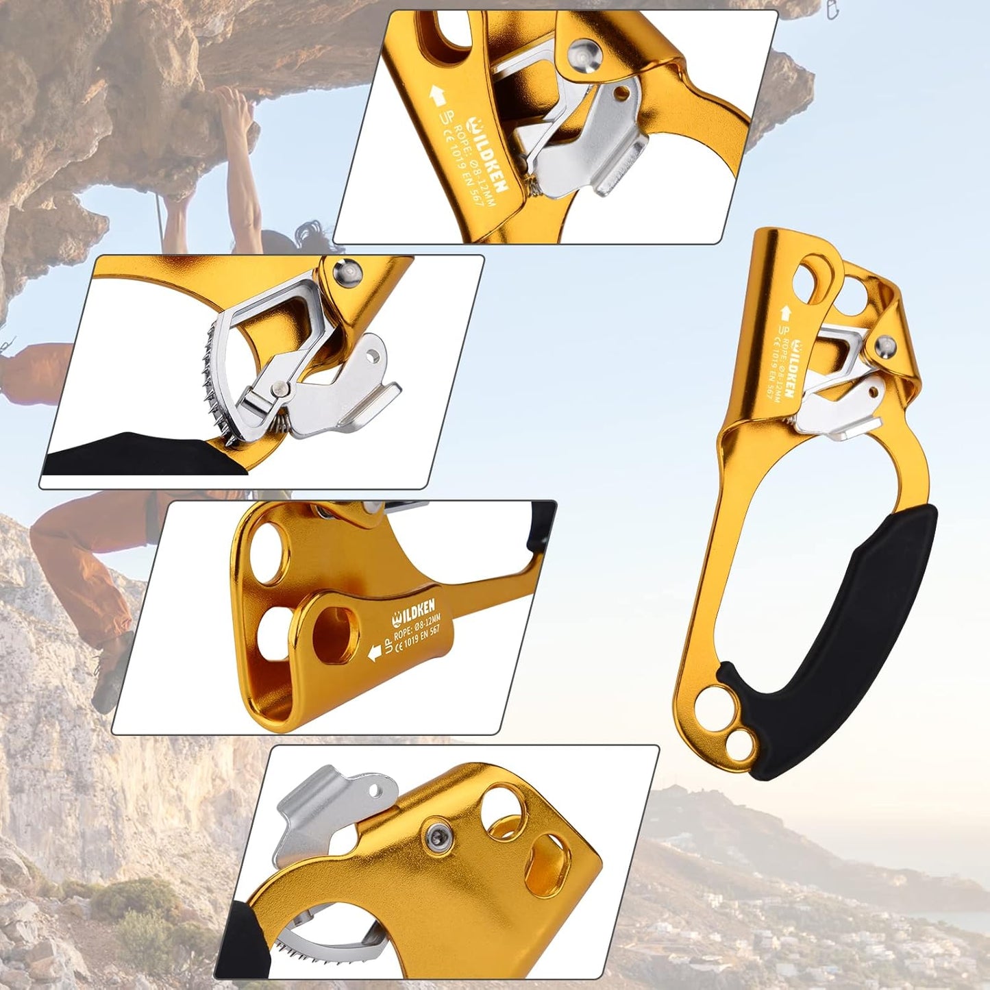 WILDKEN Climbing Hand Ascender Outdoor Mountaineering Tree Arborist Climbing Rappelling Equip Hand Ascender for 8-14MM Rope Left Right Hand Ascender