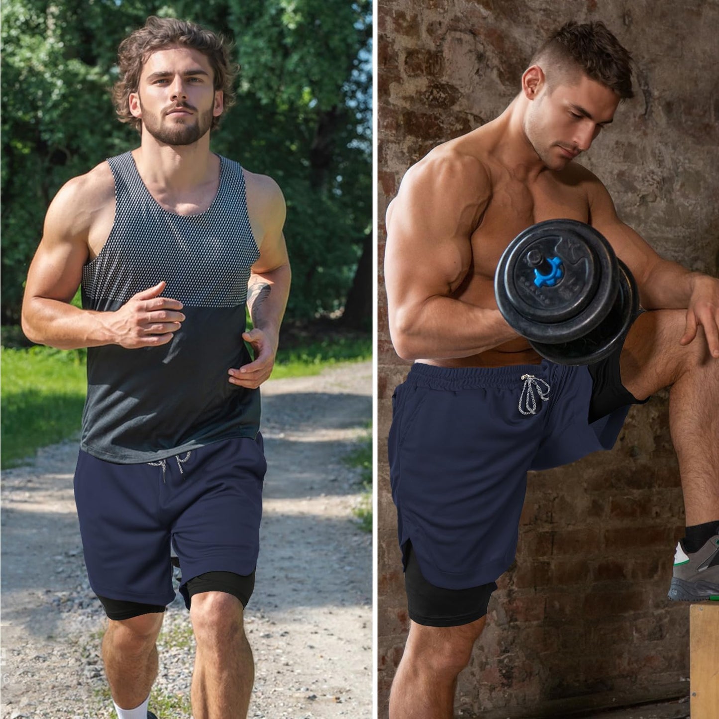 candyfouse Men's 2 in 1 Running Shorts, Quick Dry Workout Shorts with Liner, Athletic Shorts with Zip Pockets and Towel Loop Navy Blue