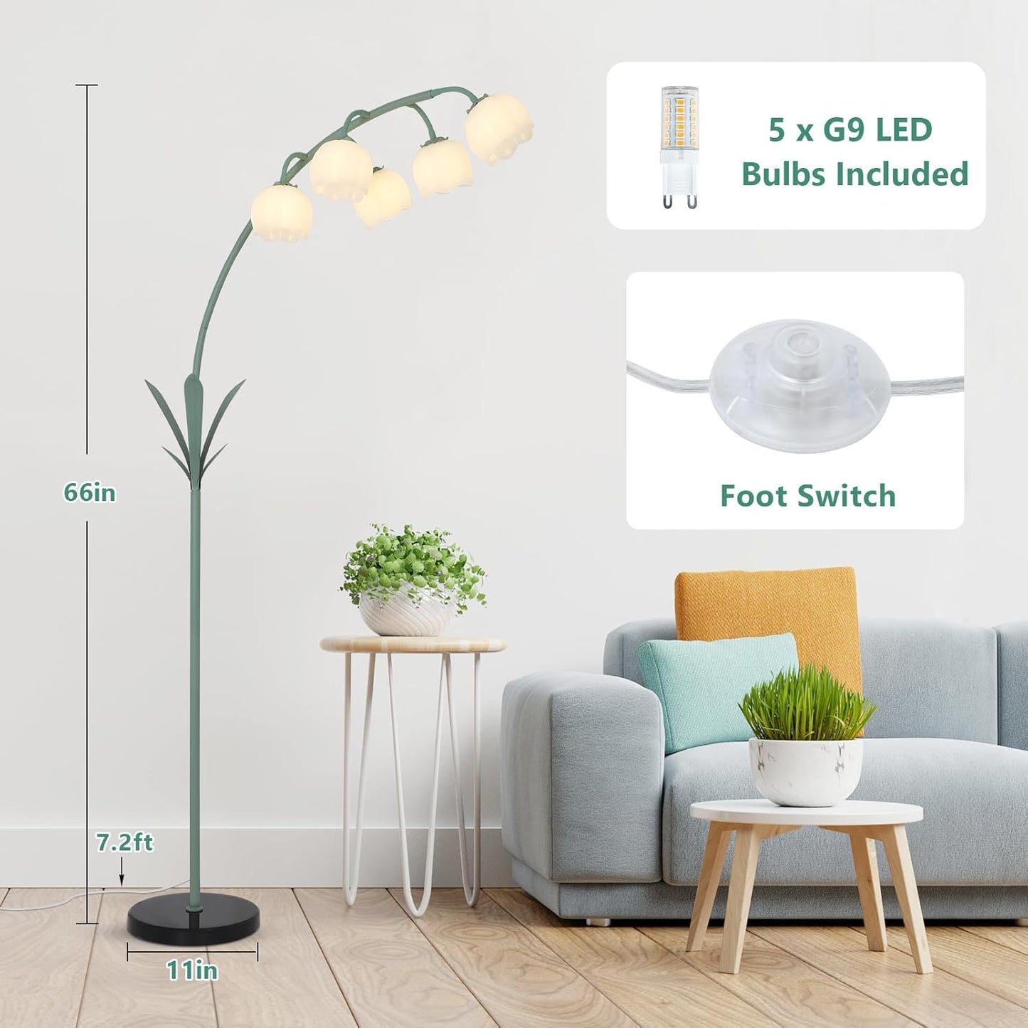 HMVPL Arc Floor Lamp for Living Room, Flower Floor Lamp with 5 G9 LED Bulbs, Foot Switch, Green Floral Standing Lamp with Acrylic Shade, Curved Tall Lamp for Living Room Bedroom Corner Kids Reading