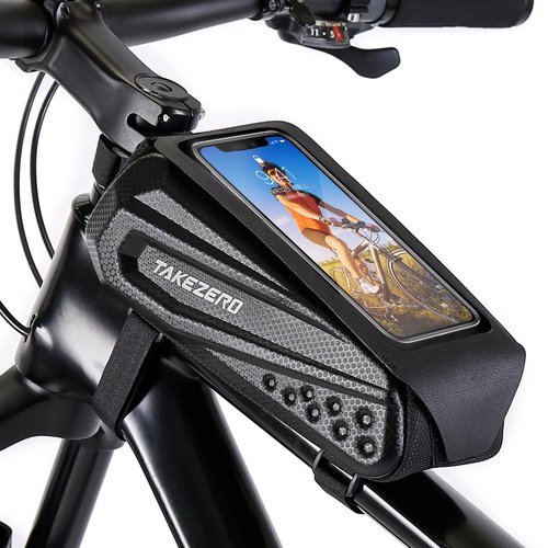 TAKEZERO Bike Frame Bag Waterproof Phone Holder Pouch Storage Bag for Bicycle (Black, 1.8L, Compatible with Phones 4-7 inches)