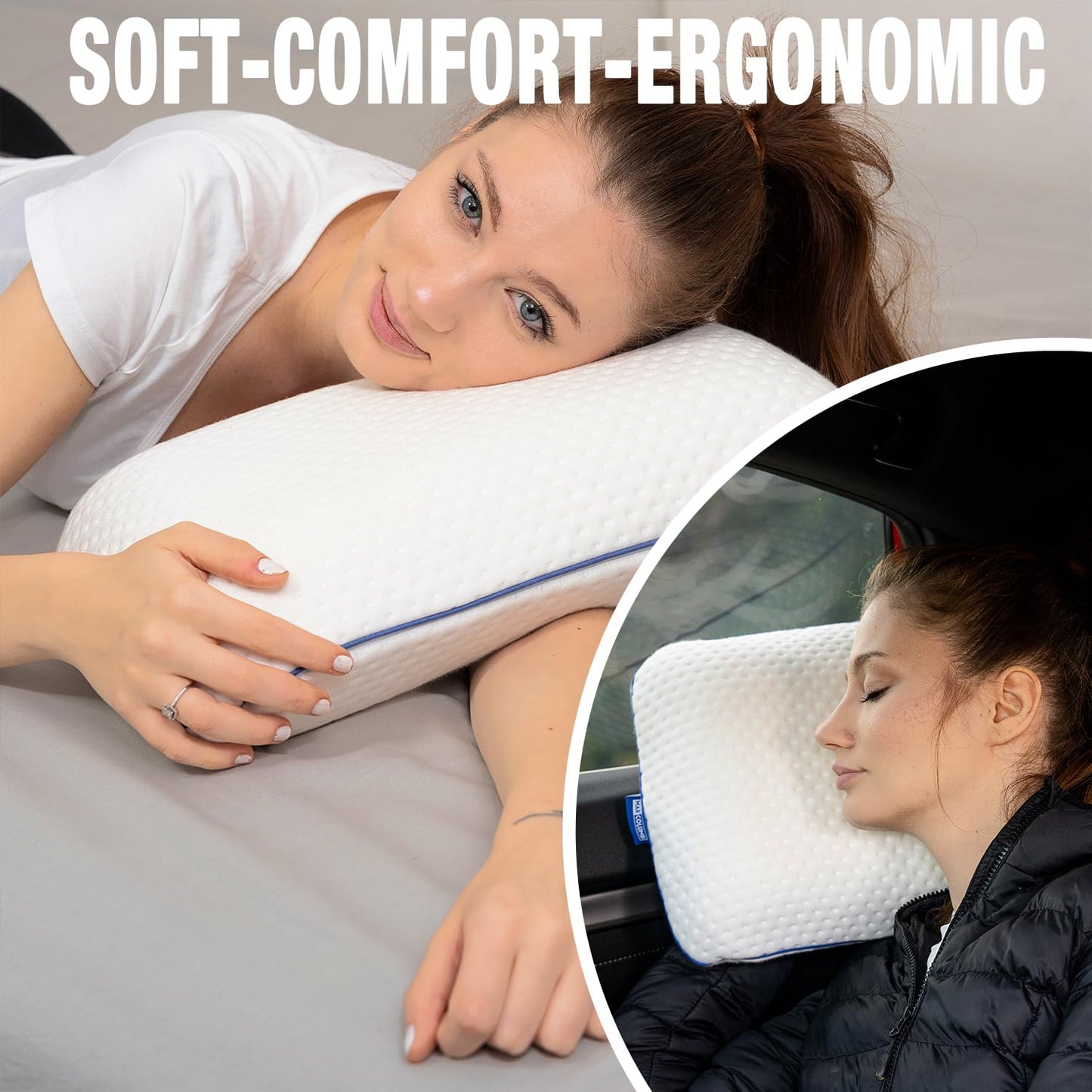 Marcolumb Travel & Camping Comfortable Memory Foam Pillow – Easy to Carry Portable Bag – Temperature Regulating Pillow Case - Perfect for Travelling (White)
