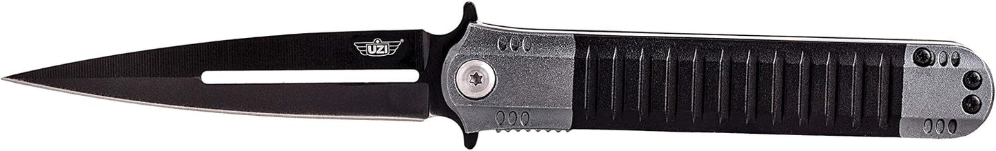 Uzi UZK-FDR-009 Covert Folding Knife with Straight Edge Stainless Steel Blade and Aluminum Handle with Metal Clip and Spring Assist, Survivor Tool, for Outdoor Trips, Camping, Fishing, Hunting, Black