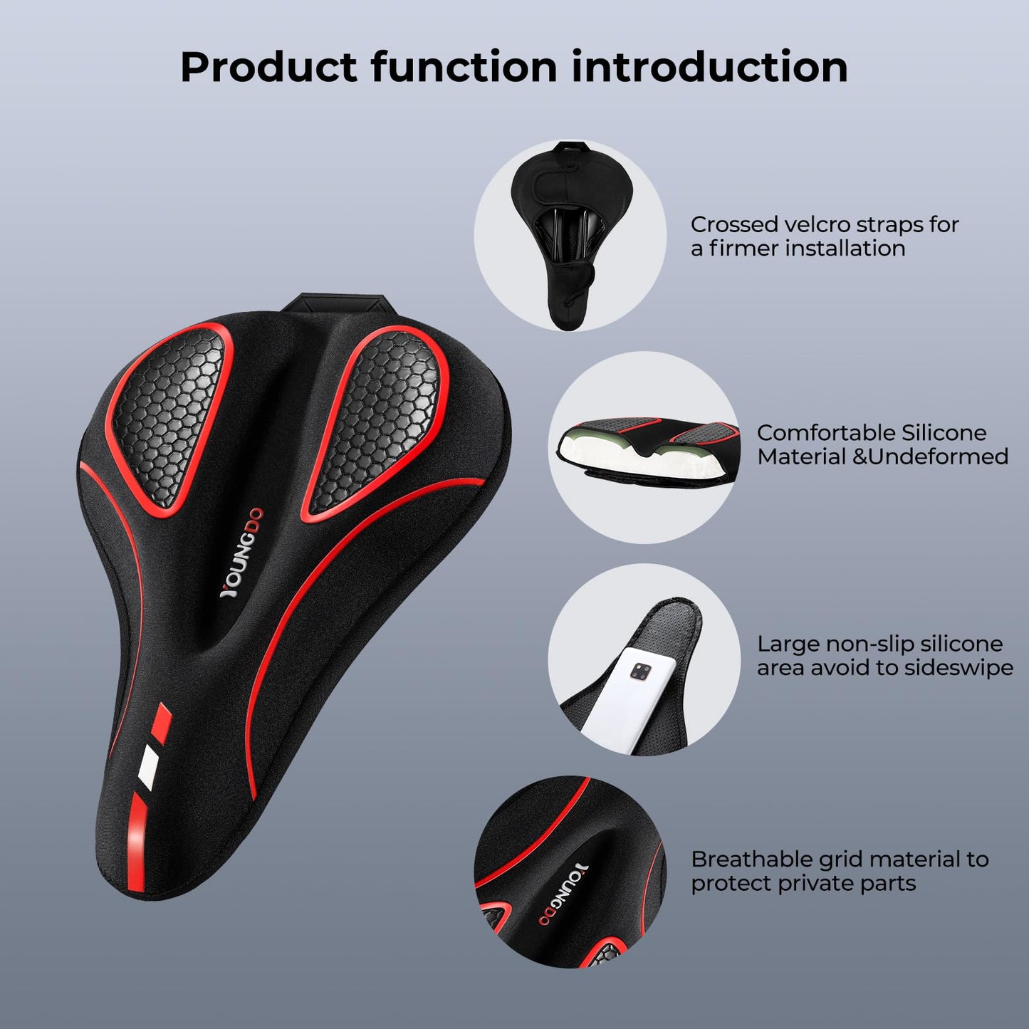 YOUNGDO Bike Seat Cushion with Waterproof Gel Bike Seat Cover, 11.2" x7.4, Bicycle Seat Cushion for Bike Seat, Shock Absorbing, Seats Cushion Fit for Peloton, BMX, MTB & Road