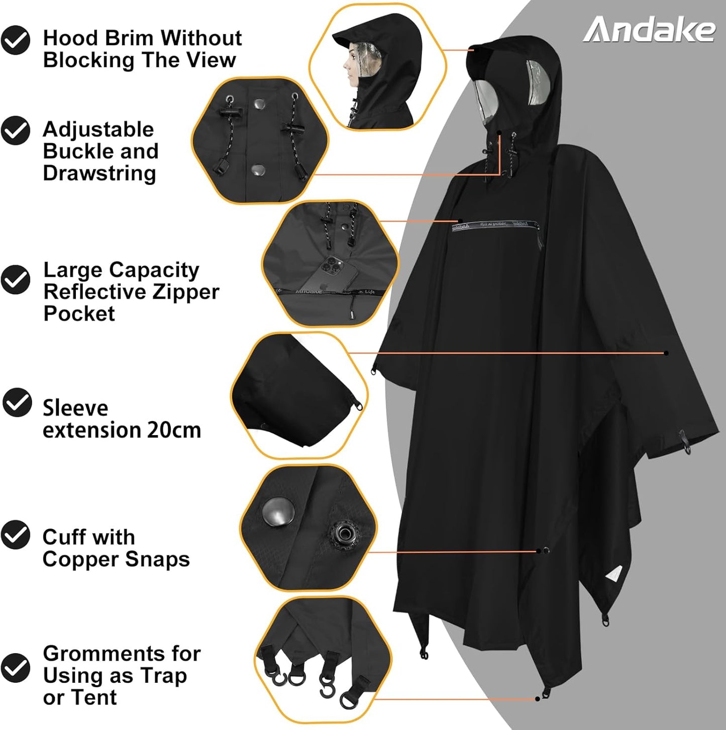 Andake Waterproof Rain Poncho for Adults Unisex,230T Ripstop Polyester,Raincoat Gear with Transparent Viewing Window Outdoors