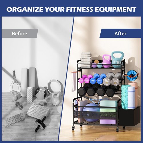 MESHDO Weight Rack for Dumbbells, Home Gym Storage for Dumbbells Yoga Mat Kettlebells and Balls, All in One Workout Equipment Storage with Wheels and Hooks