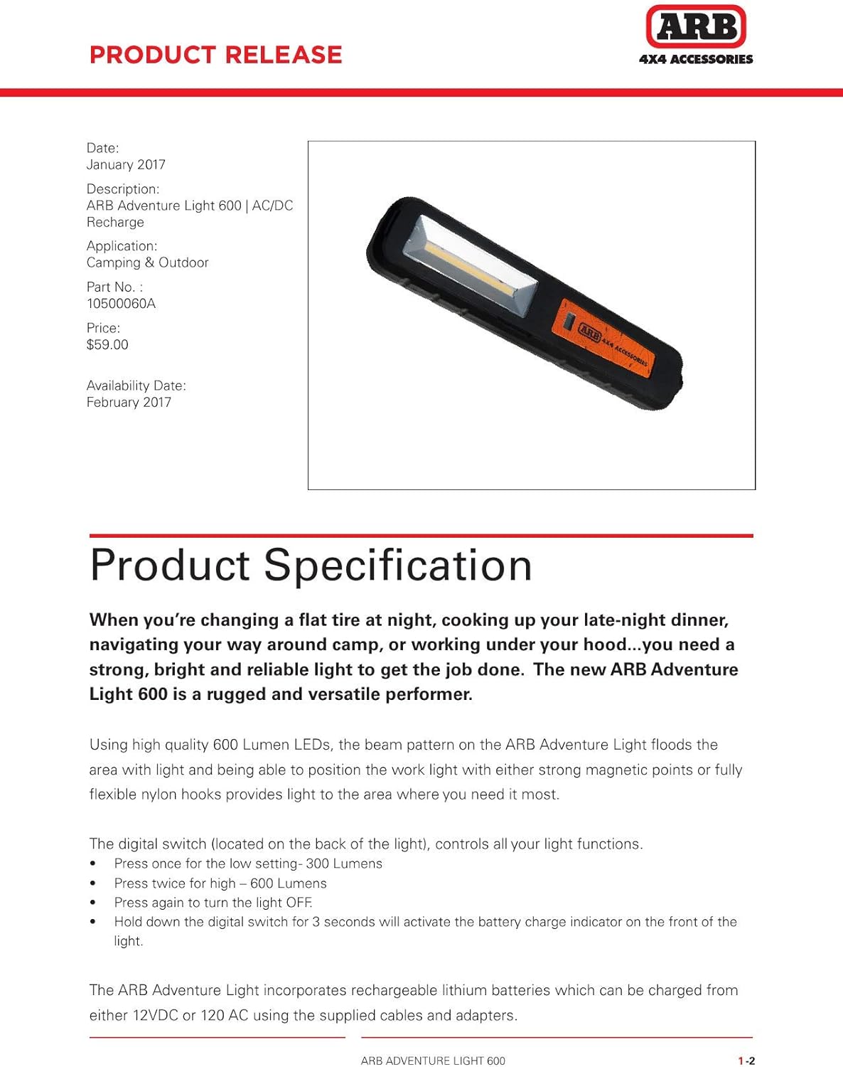 ARB ADVENTURE LIGHT 600 LUMEN RECHARGABLE FLASHLIGHT, HEAVY DUTY LED LANTERN WORK LAMP, WITH HOOKS AND STRONG MAGNETS (10500060A)