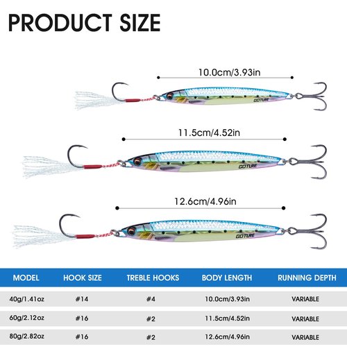 Goture Vertical Jig Lures, Saltwater and Freshwater, 40-80g with Assist & Treble Hooks, 5PCS Fishing Jigging Spoons, Fast Fall for Tuna, Salmon, Bass
