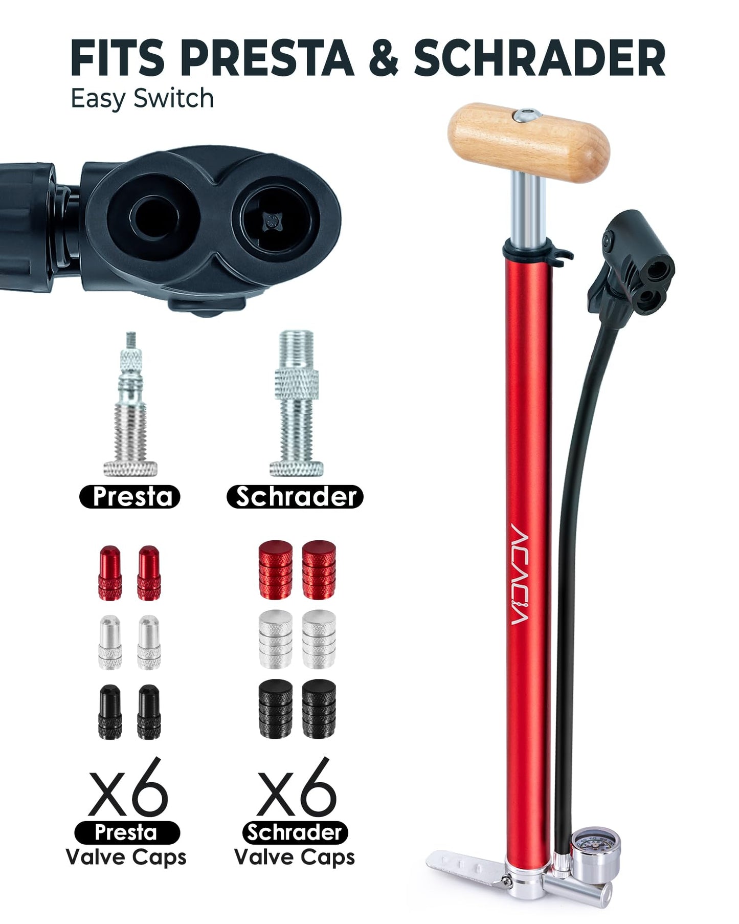 ACACIA Bike Floor Pump with Gauge Fits Presta and Schrader Valve