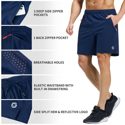 S Spowind Men’s Running Athletic Shorts 7 Inch Quick Dry Lightweight Workout Gym Tennis Shorts 3 Zipper Pockets Navy