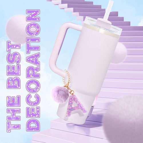 Rabrgab Letter Charm Accessories for Stanley Cup with Handle, Cute Initial Letter for Stanley Tumbler with Bling Charms Purple Pompom B