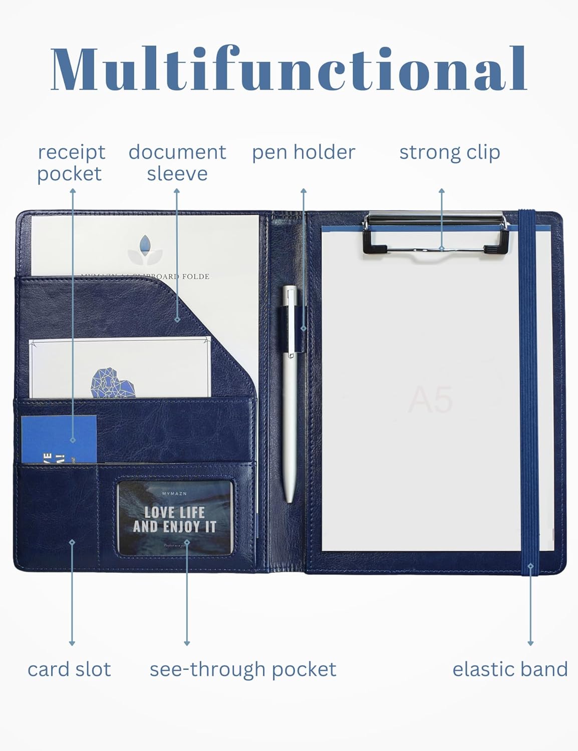 Small Clipboard Junior Padfolio Folio 7 x 9 Writing Pad Refillable, Mymazn Faux Leather Folder A5 for Notepad Legal pad 5 x 8 Junior Size Portfolio (Black)