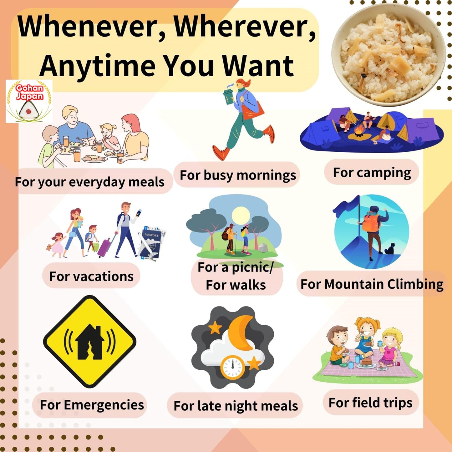 GOHAN JAPAN Takenoko Bamboo Shoots Dried Alpha Rice (100% Japan-based) for Camping Mountain Climbing Emergencies 100g/3.5oz (A filling 260g/9.2oz meal) per 1-pack by Onisi Foods (1-pack, 100, Gram)