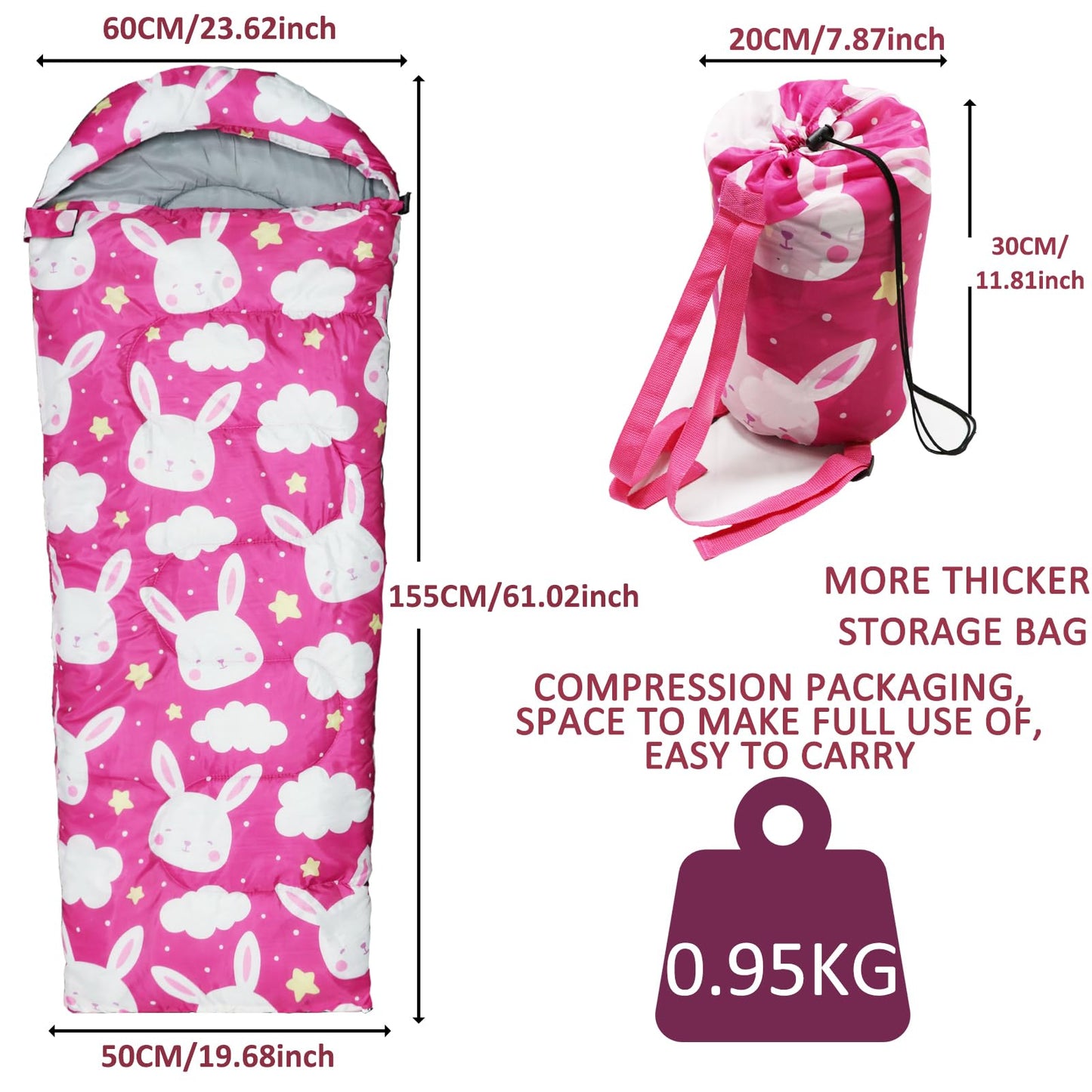 Kids Sleeping Bags - Camping Sleeping Bags with Carry Bag - Compact Sleeping Bag for Hiking, Backpacking 3 Season Warm & Cool Weather, Lightweight Waterproof Outdoor Travel for Boys Girls (Pink)