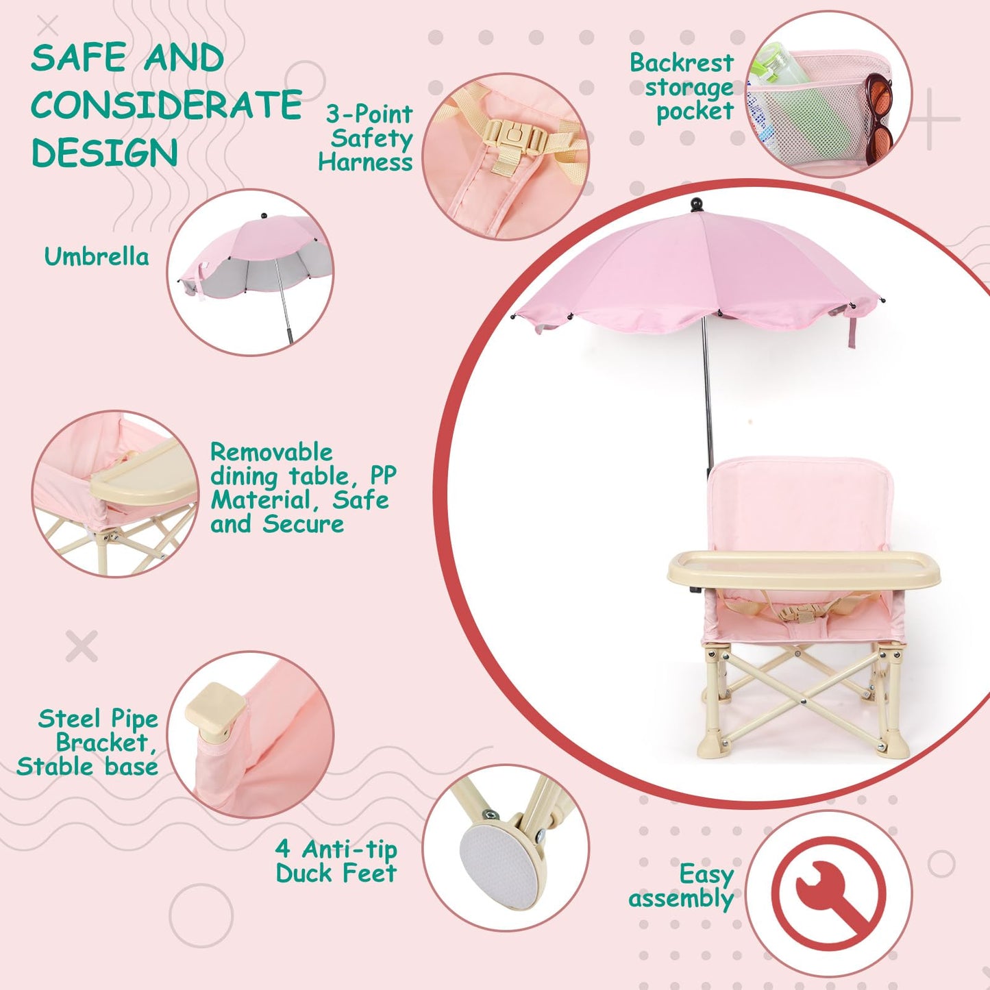 Suzile Outdoor Beach Chair with Umbrella Travel Booster Seat with Tray Compact Folding Chair Portable Booster Chair with Storage Bag, Backrest Pocket for Dining Table, Camping (Baby Pink)